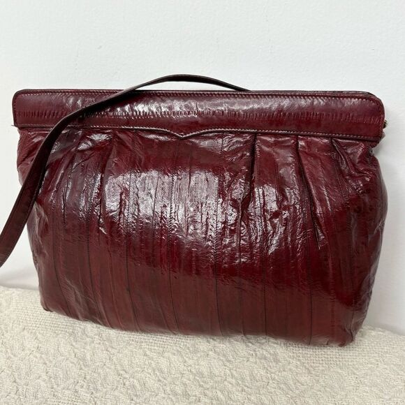 80s/90s Vintage Red Eel Skin Convertible Clutch Shoulder Bag Burgundy - Picture 4 of 7